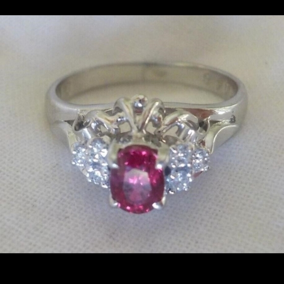 Platinum Natural Ruby Diamond Halo Ring - Picture 7 of 9